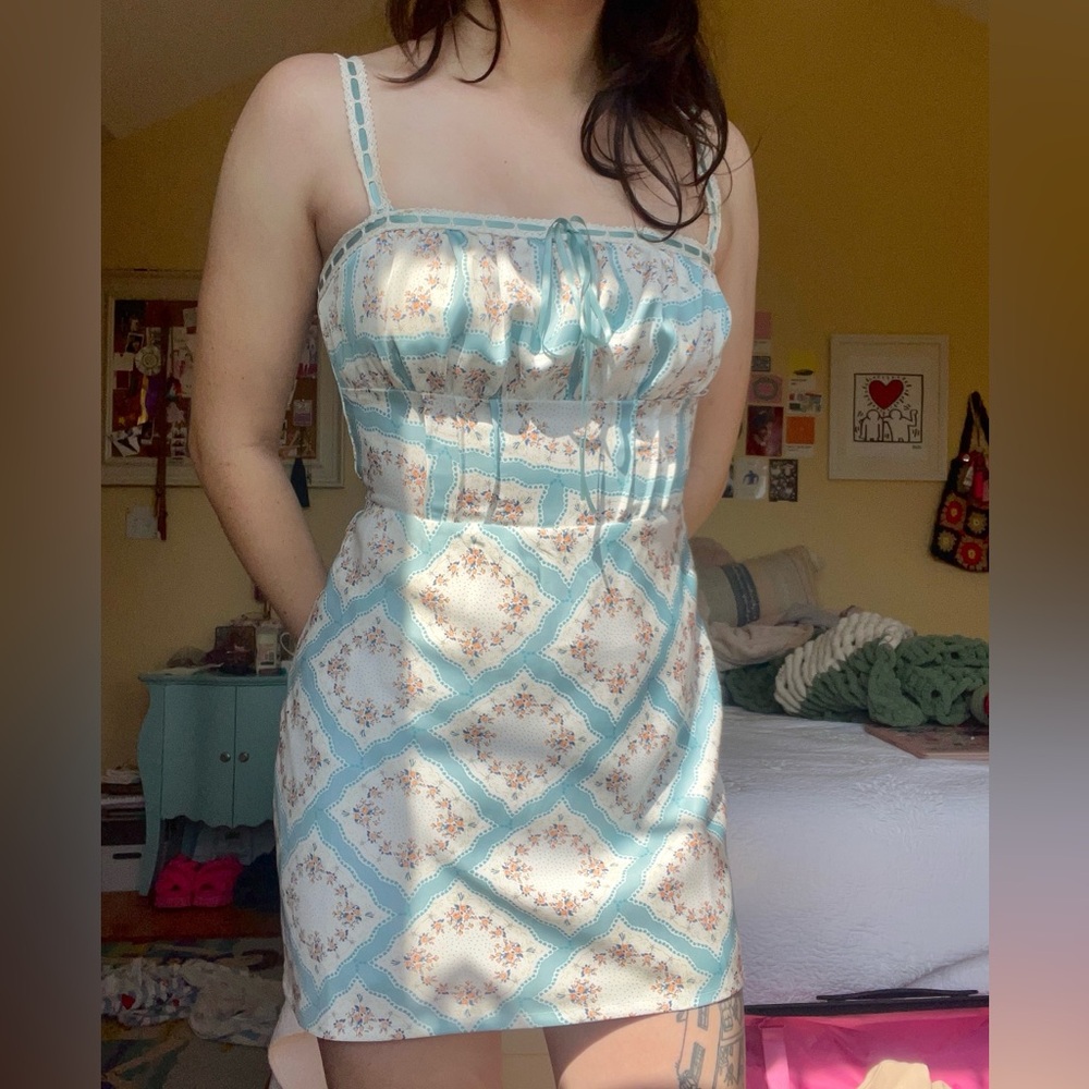Blue and white floral babydoll dress with ribbon and lace detailing